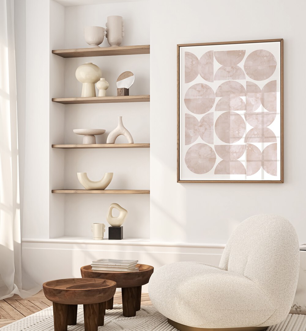 Stylish living room featuring WATERCOLOR CIRCLES, GEOMETRIC ART PRINTS that enhance creativity and color in any space.