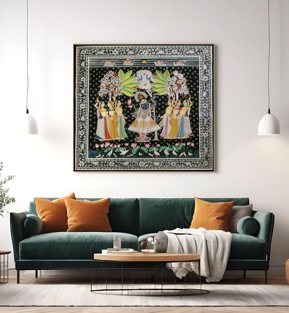 Vibrant SHRINATH JI PICHWAI, INDIAN ART PAINTINGS enhancing modern home decor with divine Krishna charm.