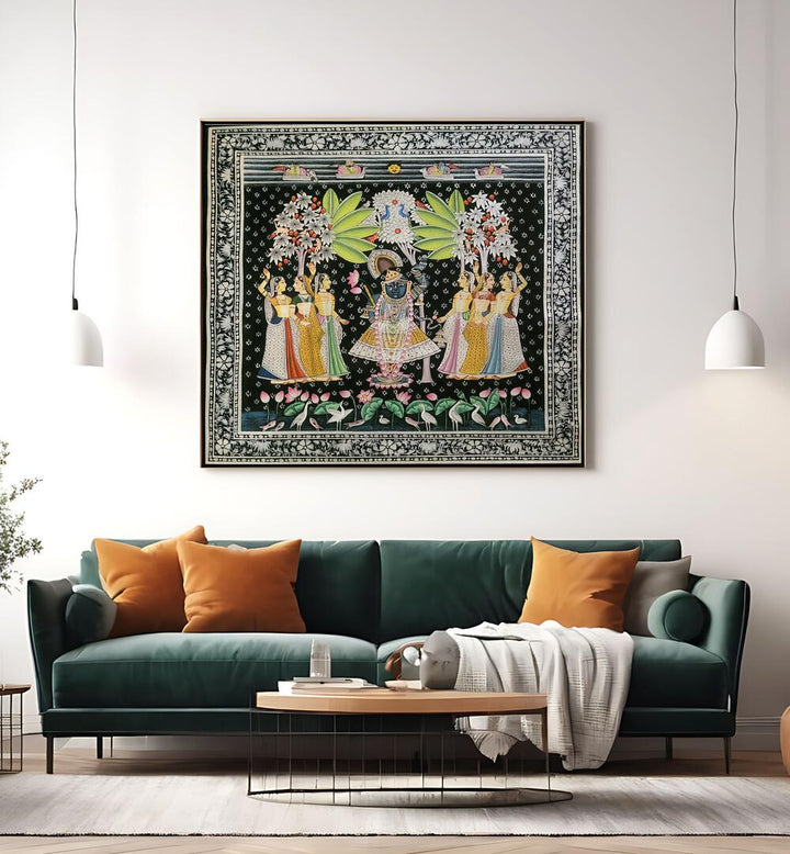 Vibrant SHRINATH JI PICHWAI, INDIAN ART PAINTINGS enhancing modern home decor with divine Krishna charm.