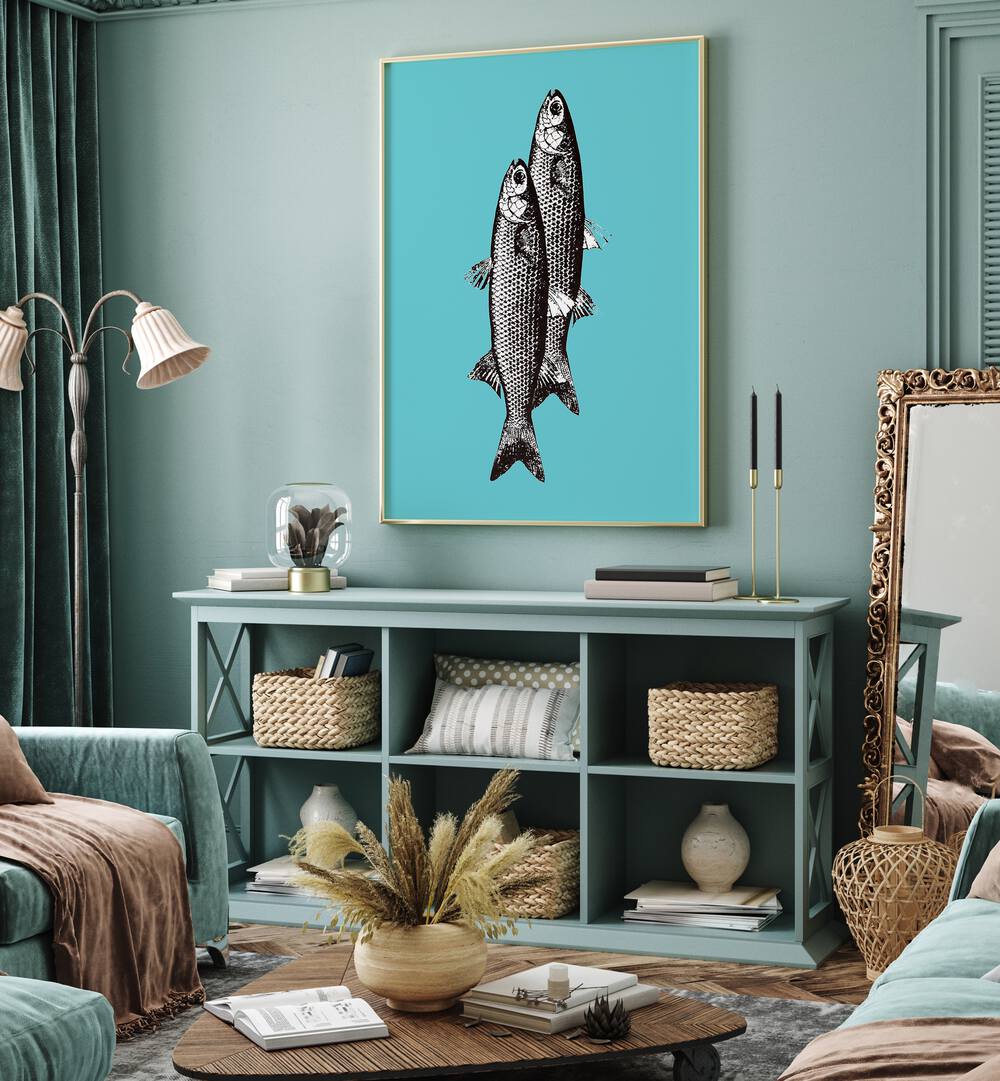 Stylish TWO FISHES, KITCHEN POSTERS enhance modern decor with a vibrant turquoise backdrop in a cozy living space.