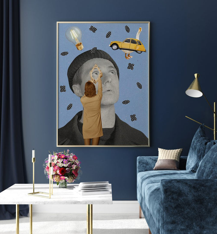 Stylish PEOPLE IV, SURREAL ART PRINTS displayed in a modern living room, enhancing contemporary interior design.