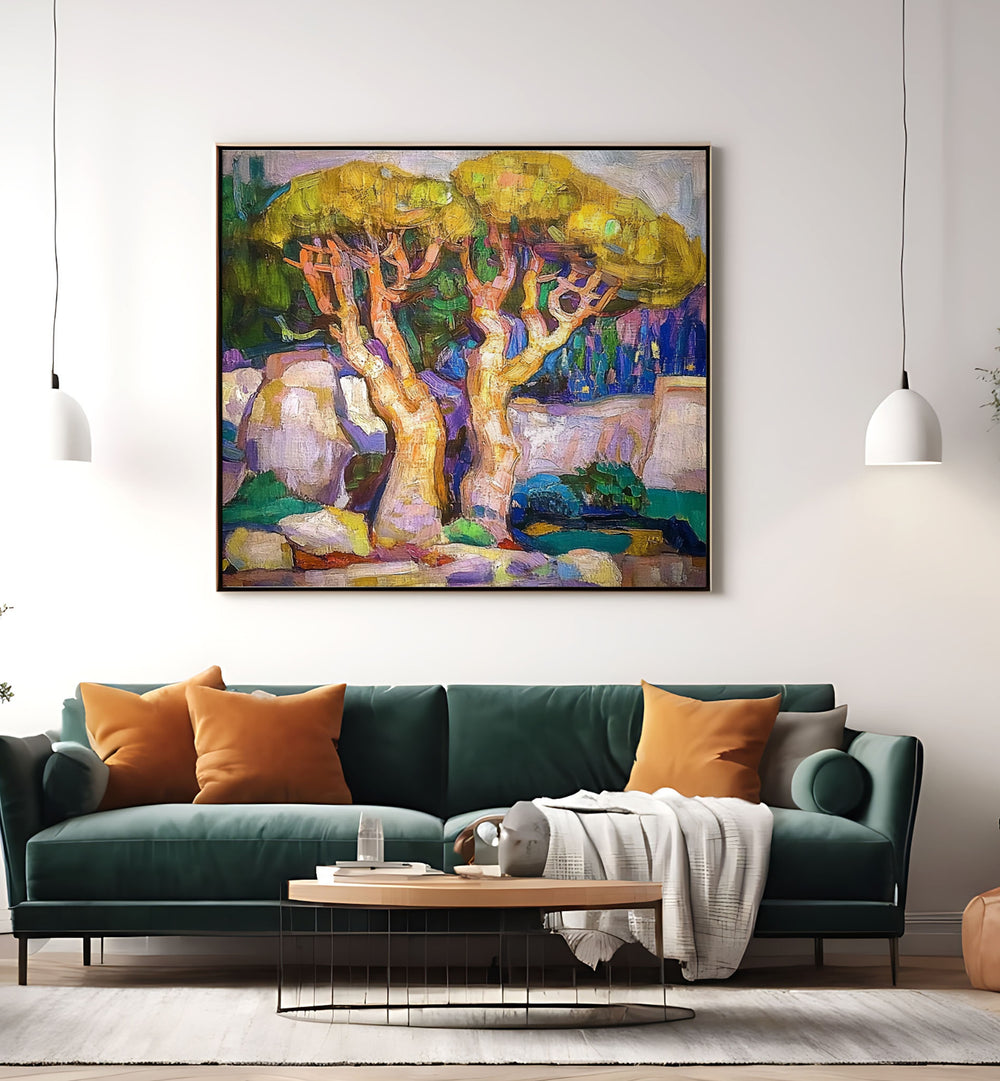 Stunning TREES BY THE SEA MALLORCA artwork enhances coastal elegance in your home décor, bringing Mallorca's serenity indoors.