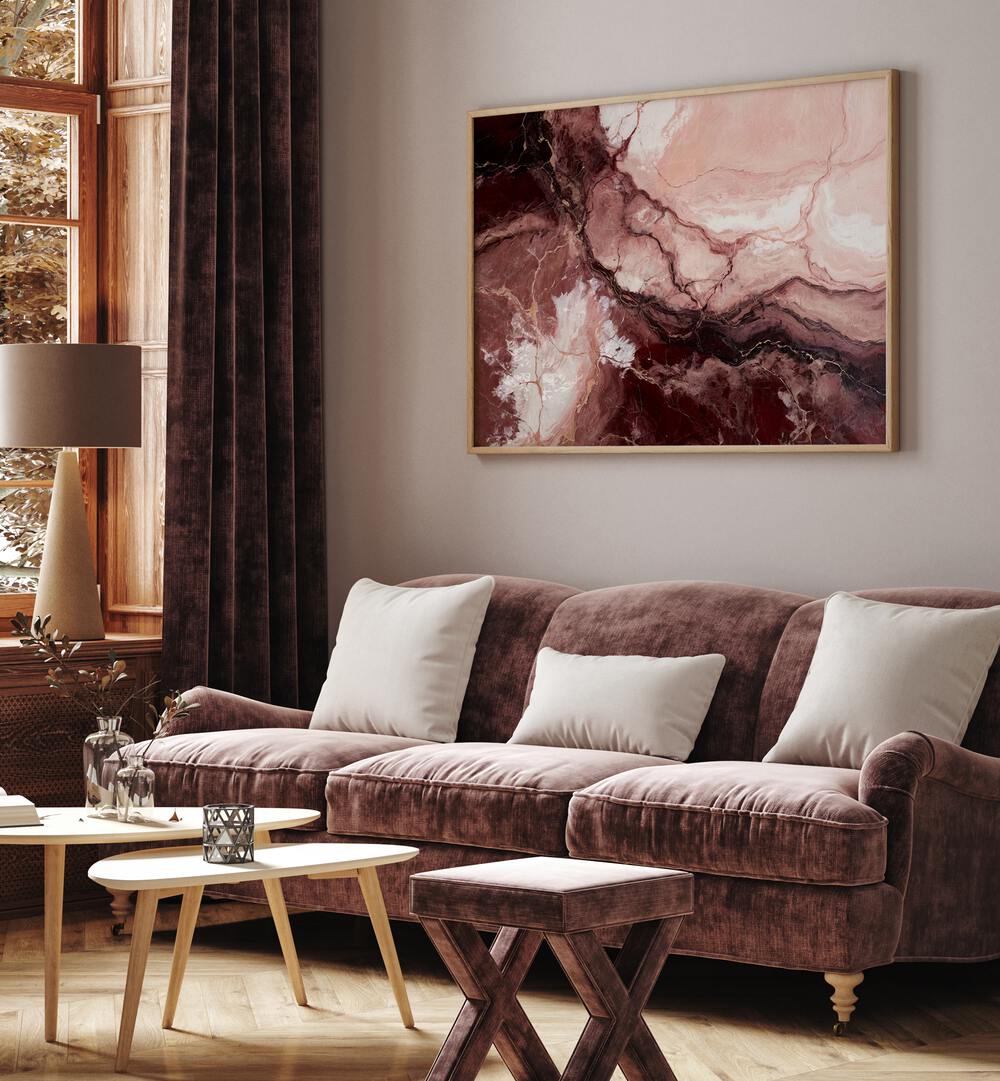 Elegant living room featuring ROSEWOOD ECHOES, ABSTRACT PAINTINGS, enhancing the space with rich, artistic tones.