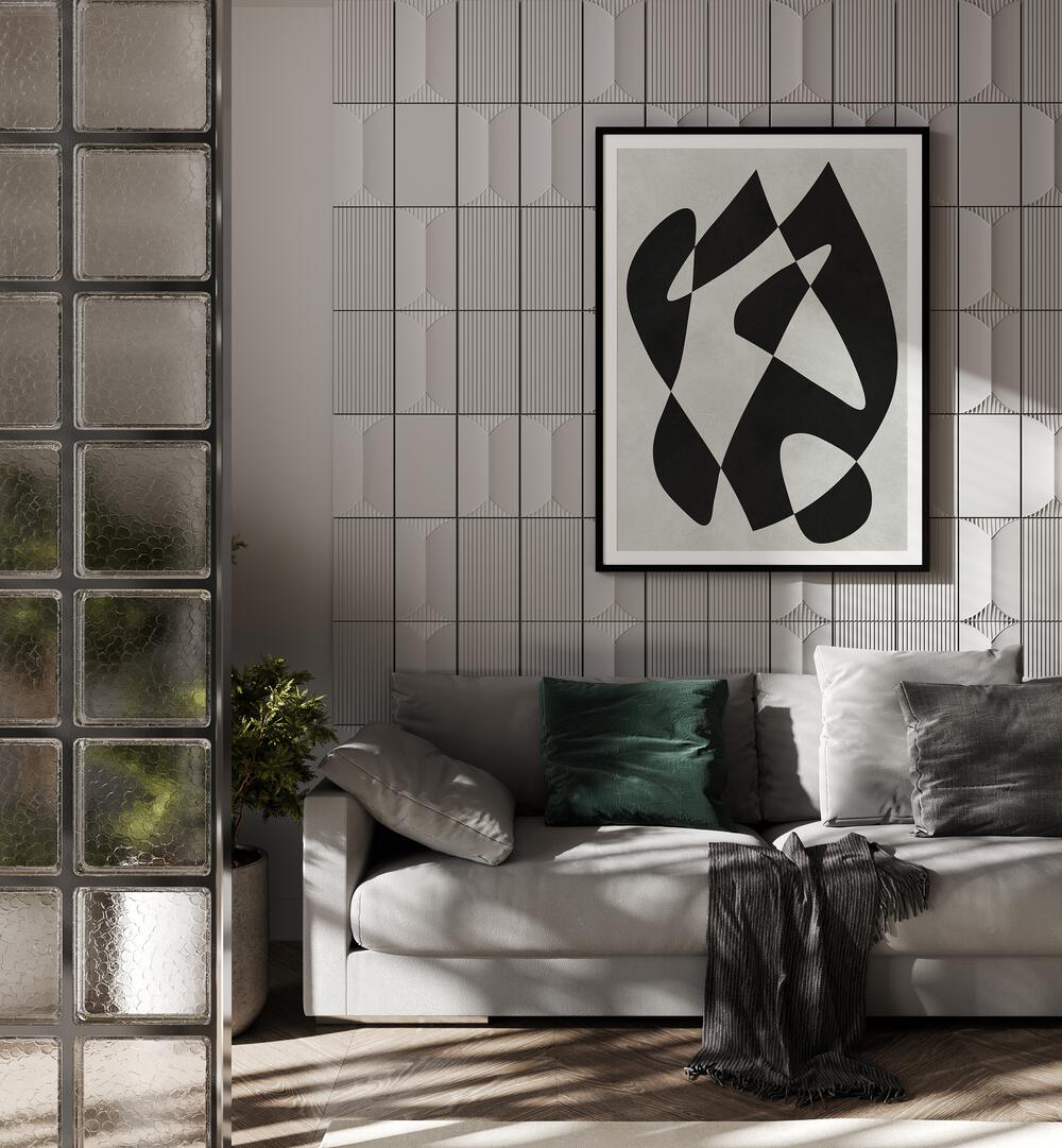 Stylish living room featuring MODERN SHAPES II, ABSTRACT PAINTINGS, enhancing contemporary decor with geometric artistry.
