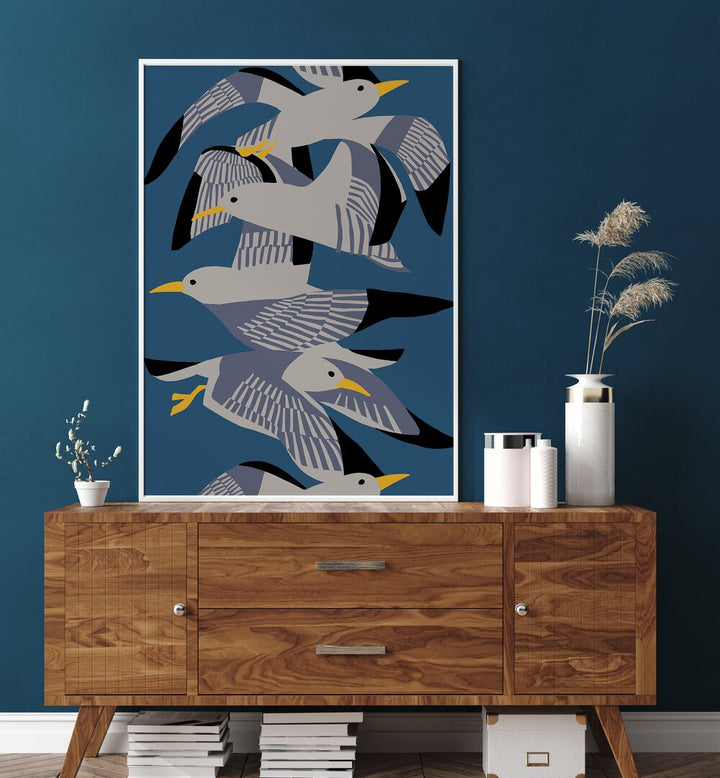 Graceful seagulls in indigo hues featured in INDIGO SEAGULLS, ANIMAL PAINTINGS for a serene living space.