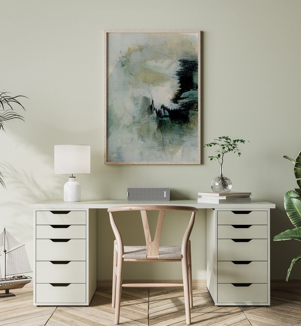 Transform your space with BEGUN, ABSTRACT PAINTINGS showcasing modern artistry in a serene office setting.