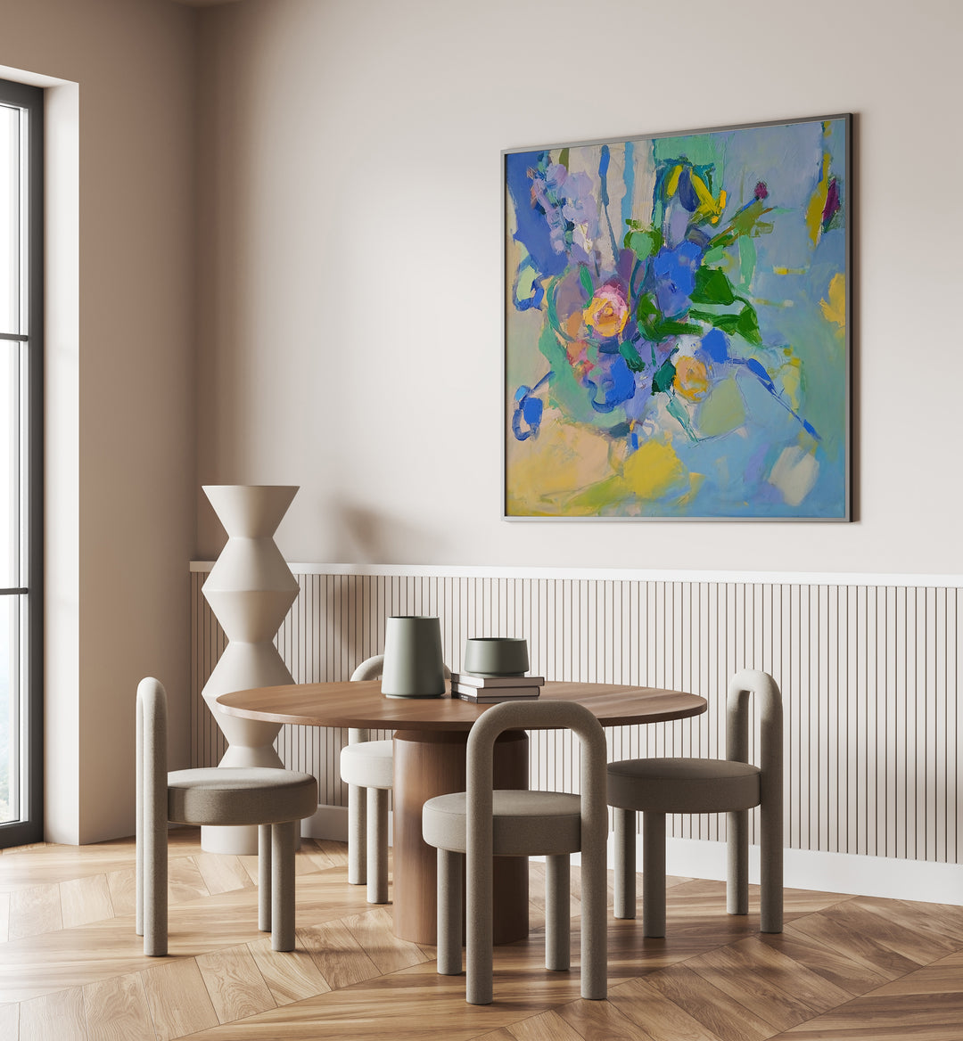 Vibrant SPRING BOUQUET, ABSTRACT PAINTINGS brightens spaces with colorful blooms and artistic flair for any home.