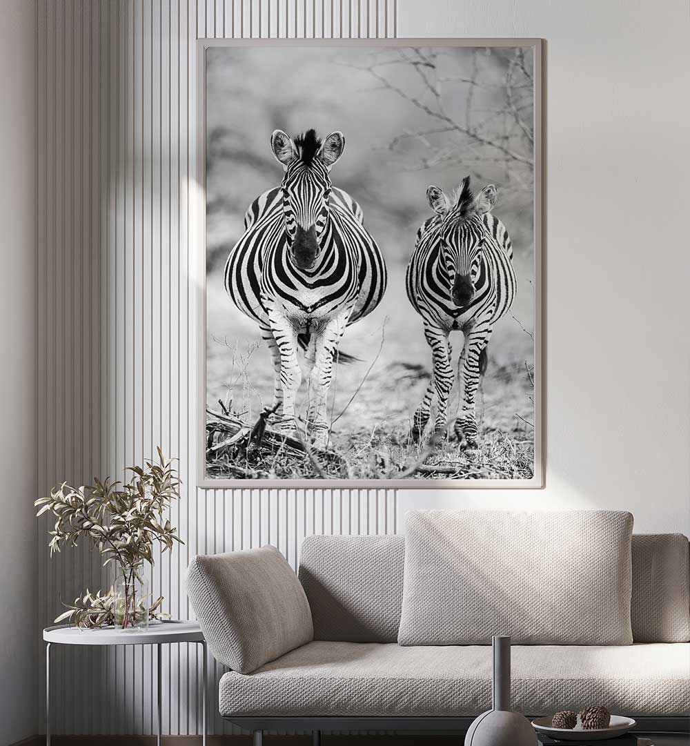 STRIPED HORSE , ANIMAL PAINTINGS framed black-and-white zebra pair wall art in modern living room