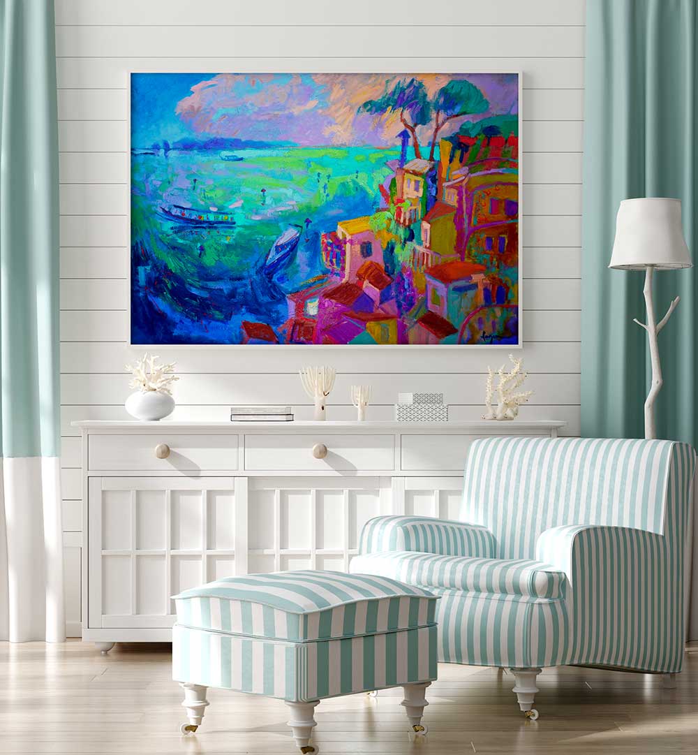 NATURE INSPIRED LANDSCAPE II , LANDSCAPE PAINTINGS: vibrant coastal canvas with boats, cliffs and colorful houses