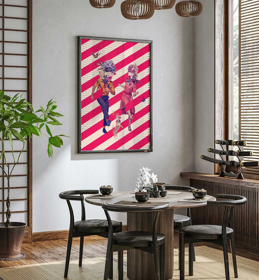 Brightly colored PARTY TIME, SURREAL ART PRINTS adorn a modern dining area, adding a playful touch to the decor.