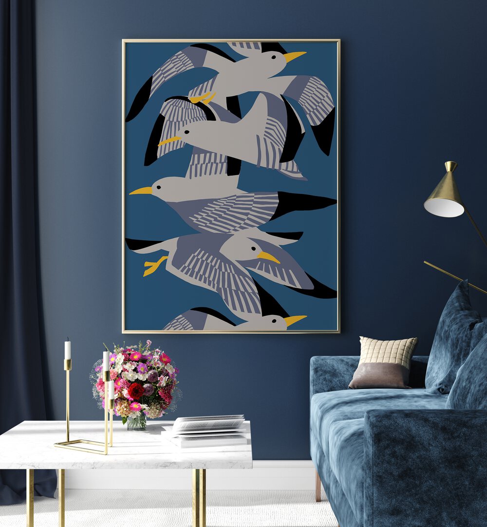 Stylish INDIGO SEAGULLS, ANIMAL PAINTINGS bring serenity and artistry to your living space with graceful seagulls.