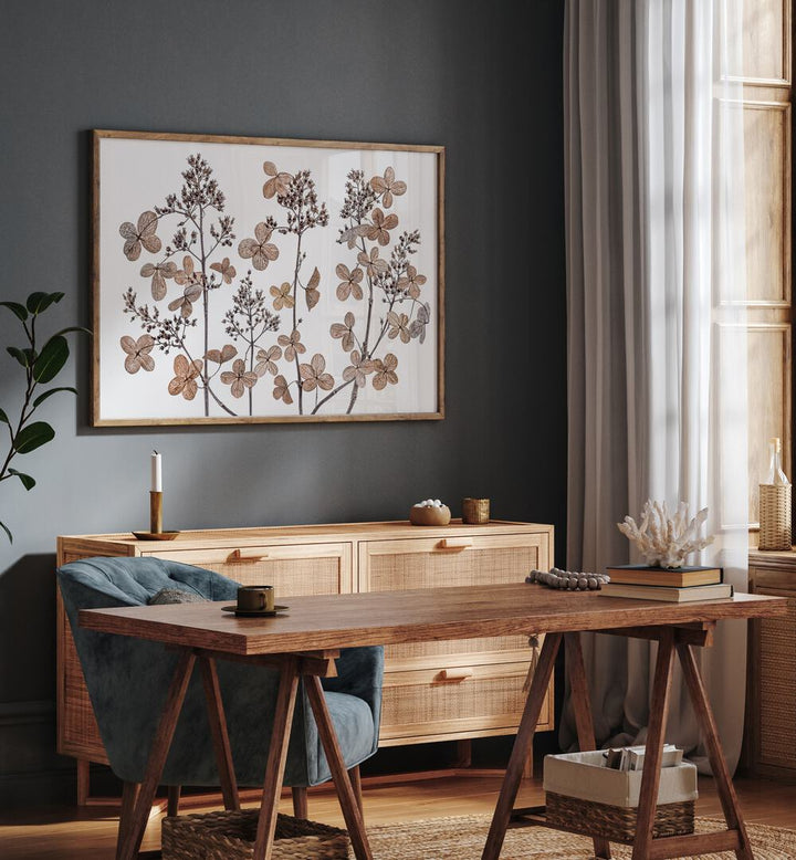 Beautifully designed living space featuring HYDRANGEA PANICULATA, FLORAL FLOWER PAINTINGS enhancing the decor.