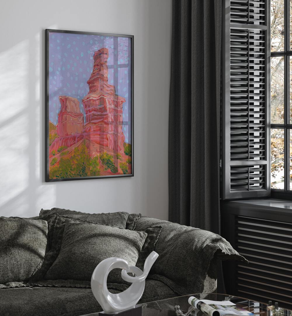 Vibrant PALO DURO CANYON, LANDCAPE PAINTINGS adorns a modern living space, showcasing nature's beauty.
