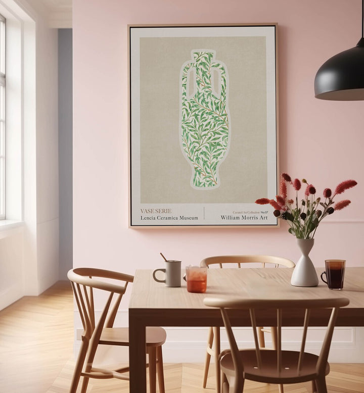 Stylish decor featuring WILLIAM MORRIS GREEK SHAPE III, FLORAL FLOWER PAINTINGS in a modern dining setting.