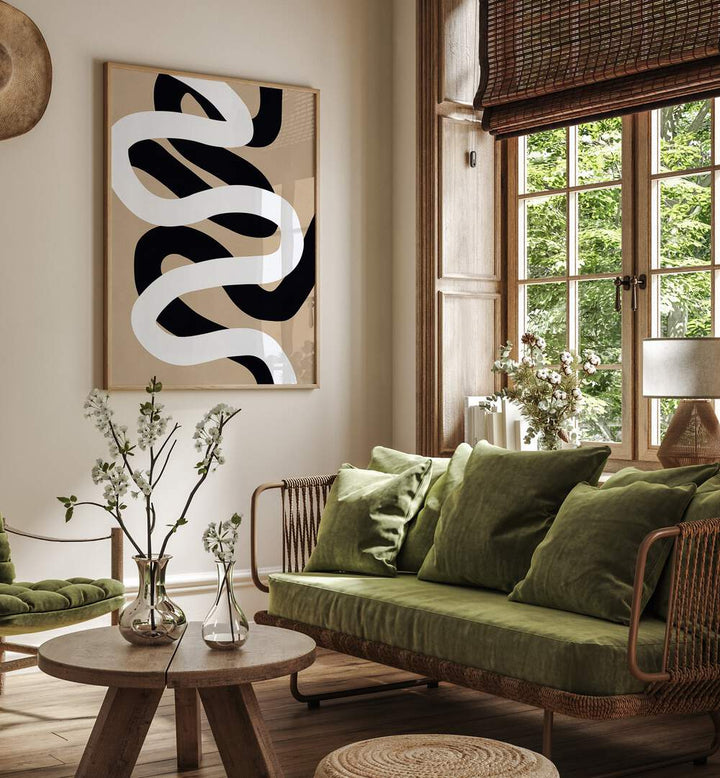 Stylish living room featuring EXPRESSIONIST CURVES II, ABSTRACT PAINTINGS, adding elegance to modern decor.