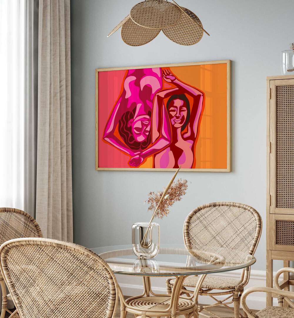 Vibrant artwork featuring two figures, showcasing MARIA A KARLA, PORTRAITS in a stylish interior setting.