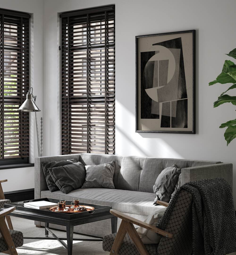 Stylish living room featuring PAPER CUT NO.8, GEOMETRIC ART PRINTS, enhancing the modern aesthetic.