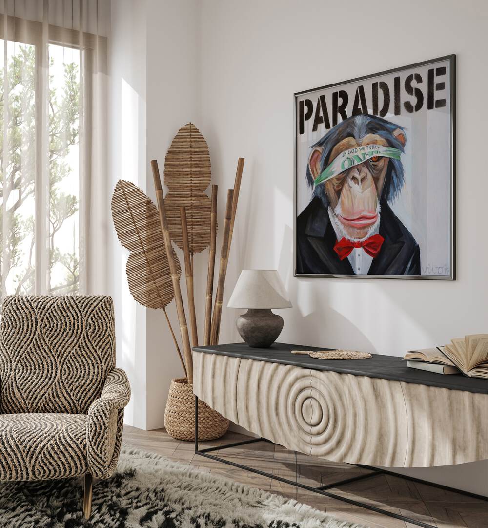 Unique MONKEY BUSINESSMAN, COMIC POSTERS displayed in a stylish interior, perfect for comic art enthusiasts.