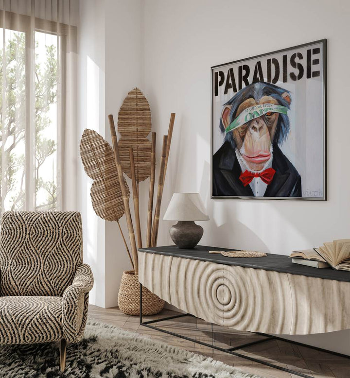 Unique MONKEY BUSINESSMAN, COMIC POSTERS displayed in a stylish interior, perfect for comic art enthusiasts.
