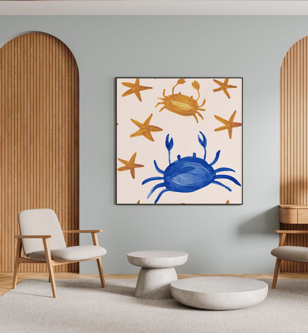 Vibrant WATERCOLOUR TILE XI, KIDS ROOM PAINTINGS featuring crabs and stars, perfect for beach-themed decor.