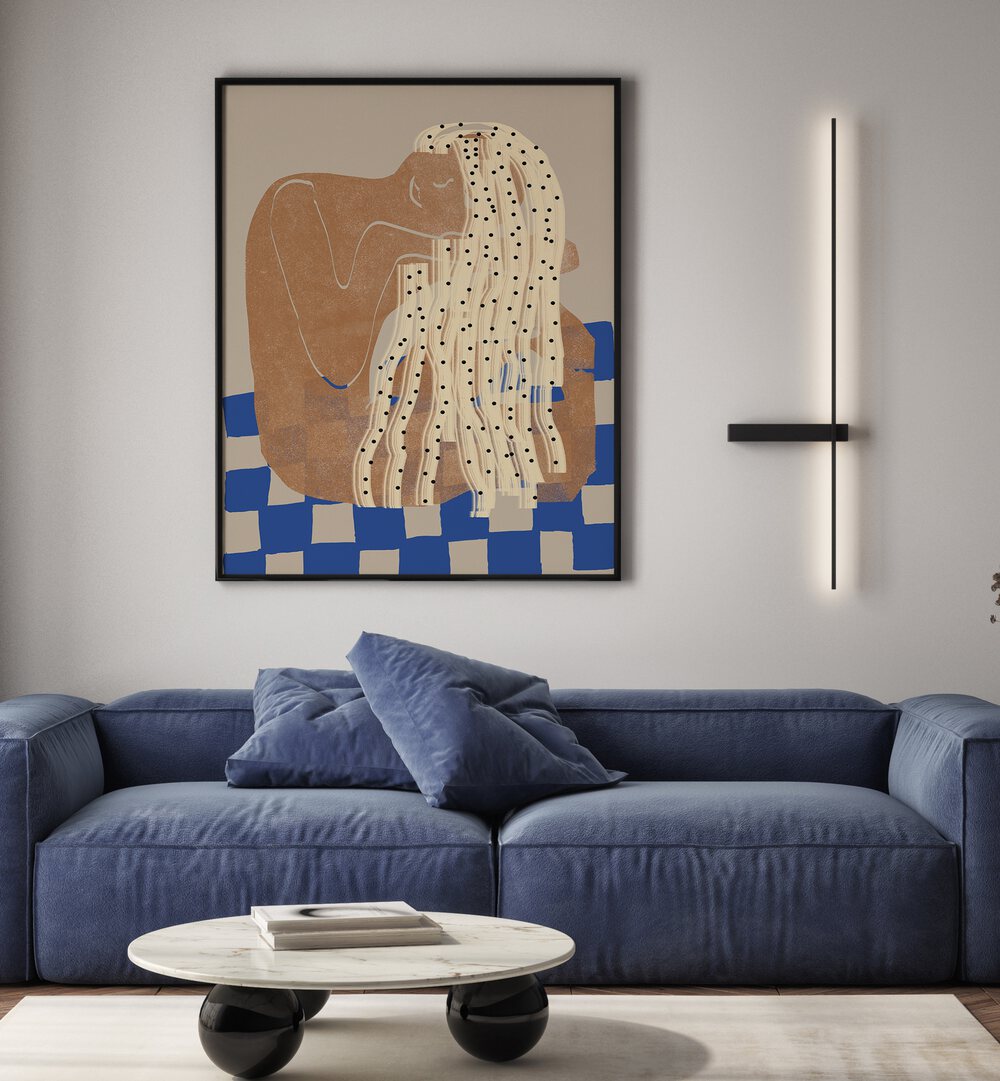 Discover MOODY GIRL, PORTRAITS showcasing emotive illustrations in a cozy living space, perfect for art lovers.