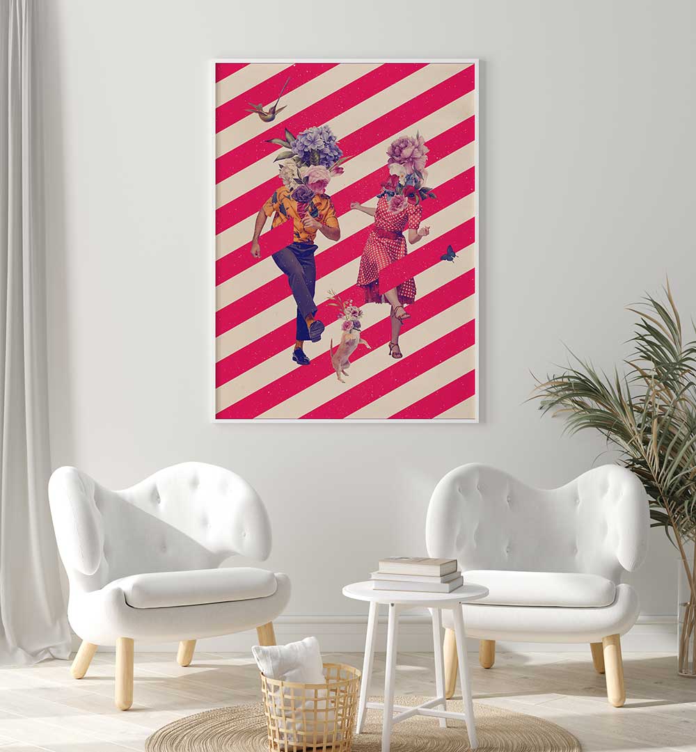 Colorful PARTY TIME, SURREAL ART PRINTS featuring whimsical figures, perfect for lively home decor.