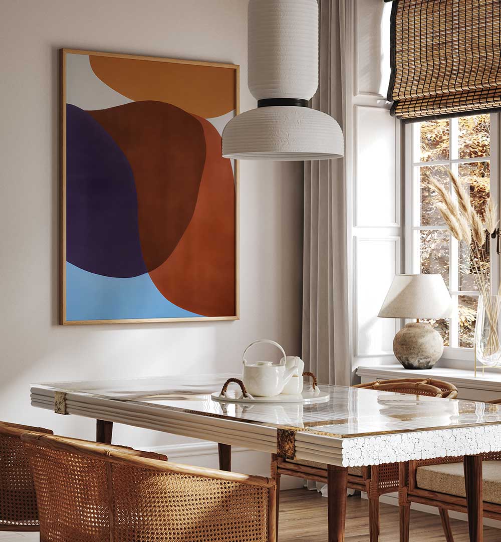 FREE FORM , ABSTRACT PAINTINGS with organic shapes in warm tones displayed in a modern dining room setting by Artistry Loft