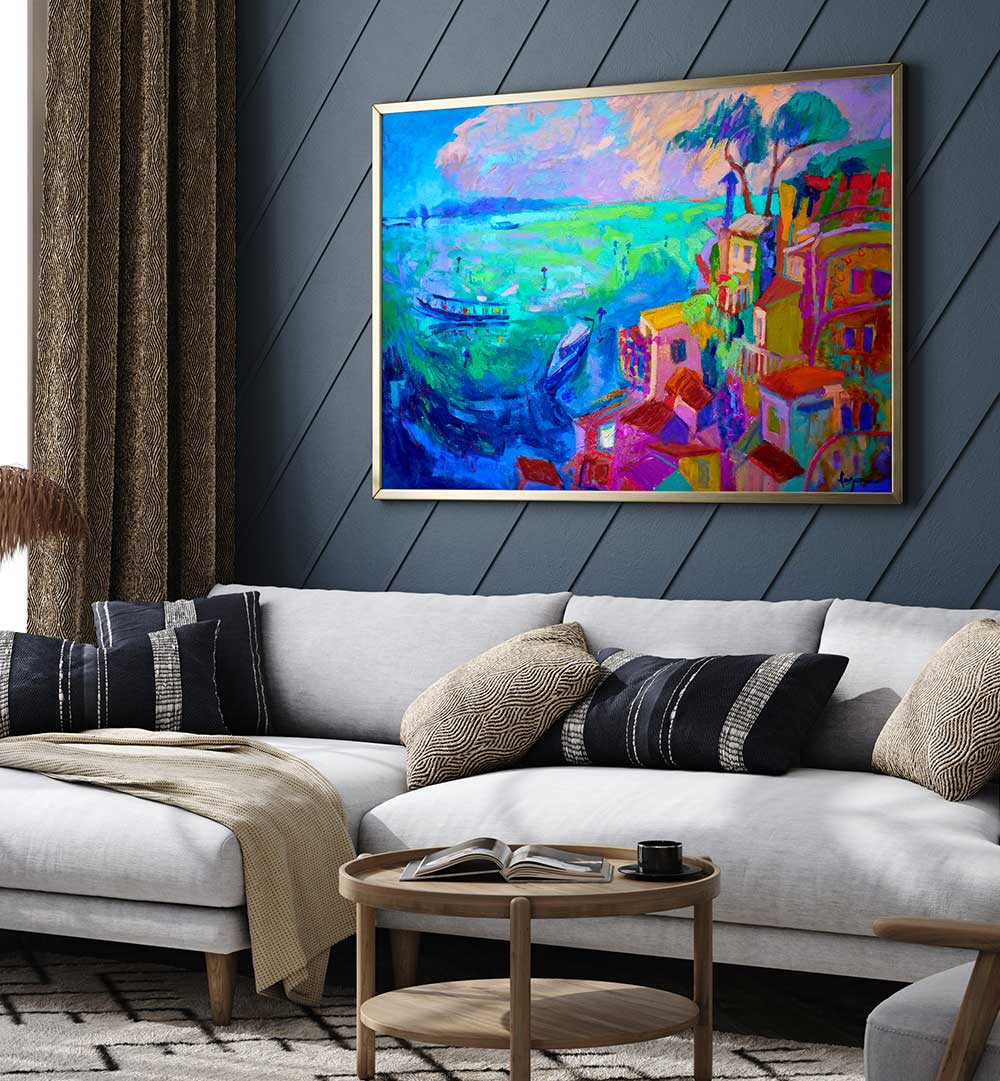 NATURE INSPIRED LANDSCAPE II , LANDSCAPE PAINTINGS vibrant framed coastal village with boats above sofa