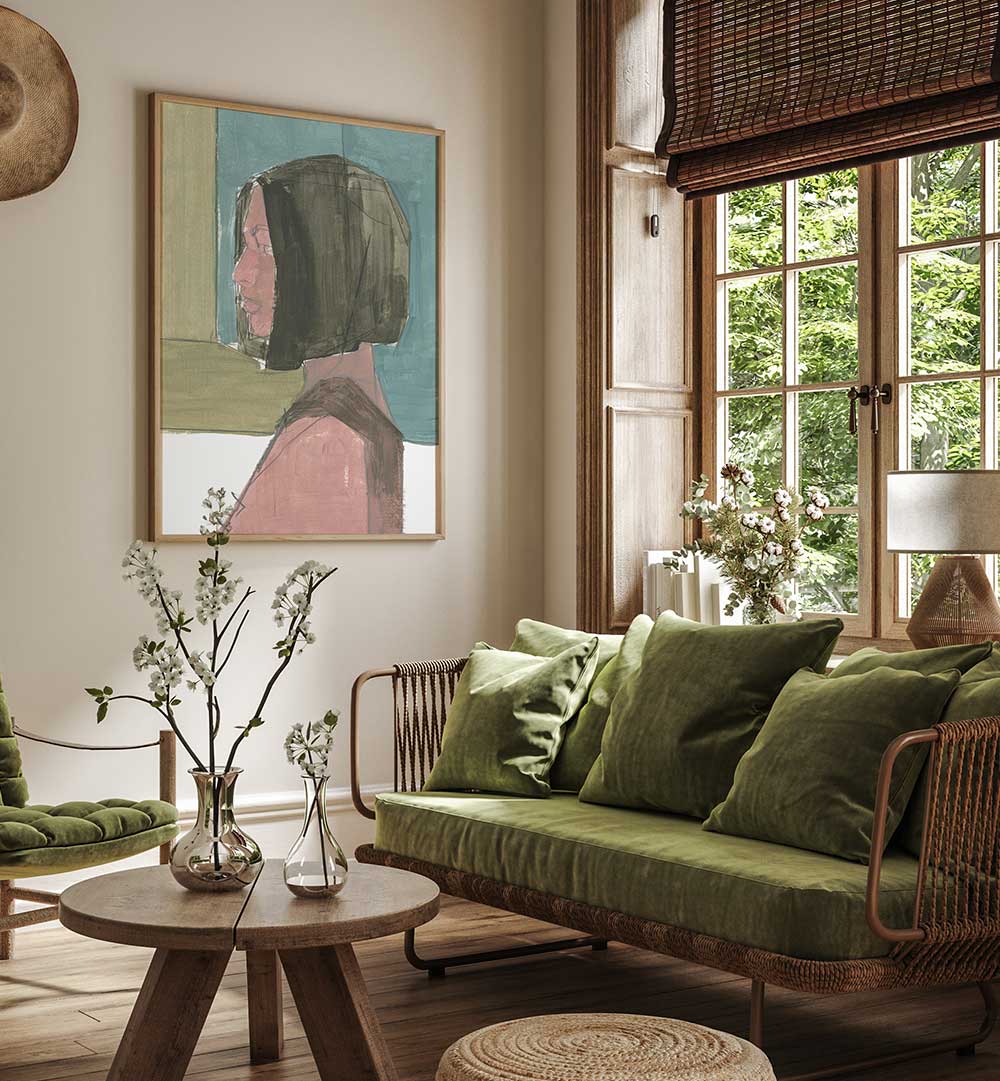 Stylish living room featuring FEMALE PORTRAIT I, PORTRAITS, a captivating artwork that enhances any space.