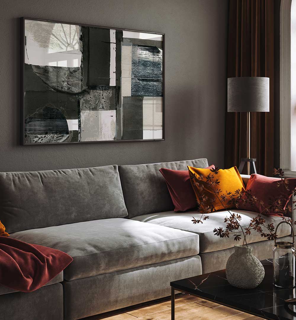 Stylish living room featuring MONOCHROME SHAPES LIGHT I, ABSTRACT PAINTINGS, enhancing modern decor with elegance.