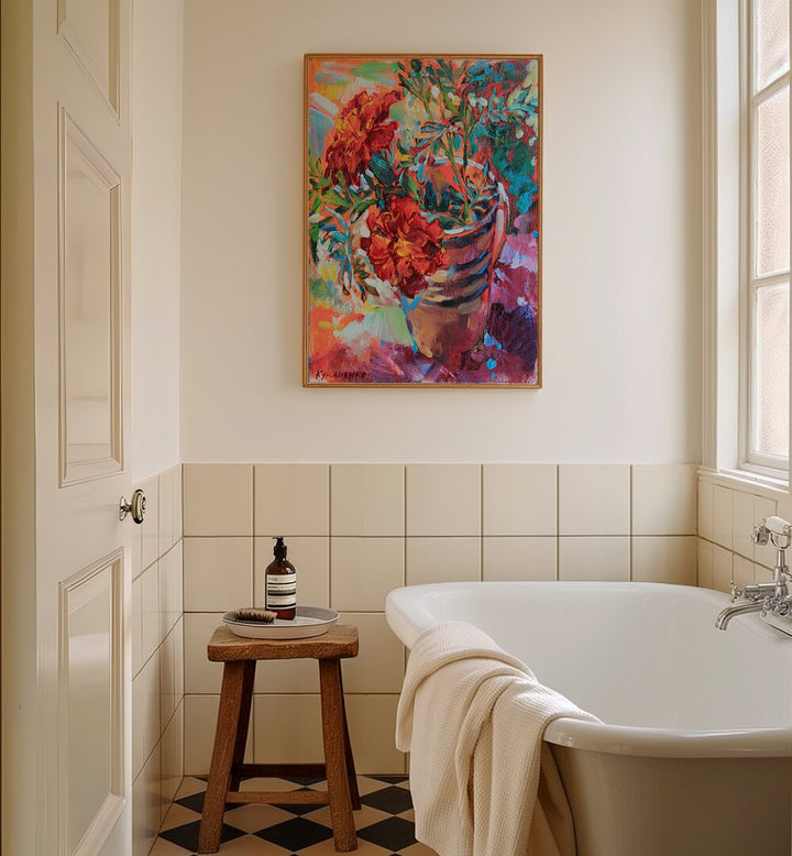 MARIGOLDS IN A CUP , FLORAL FLOWER PAINTINGS
