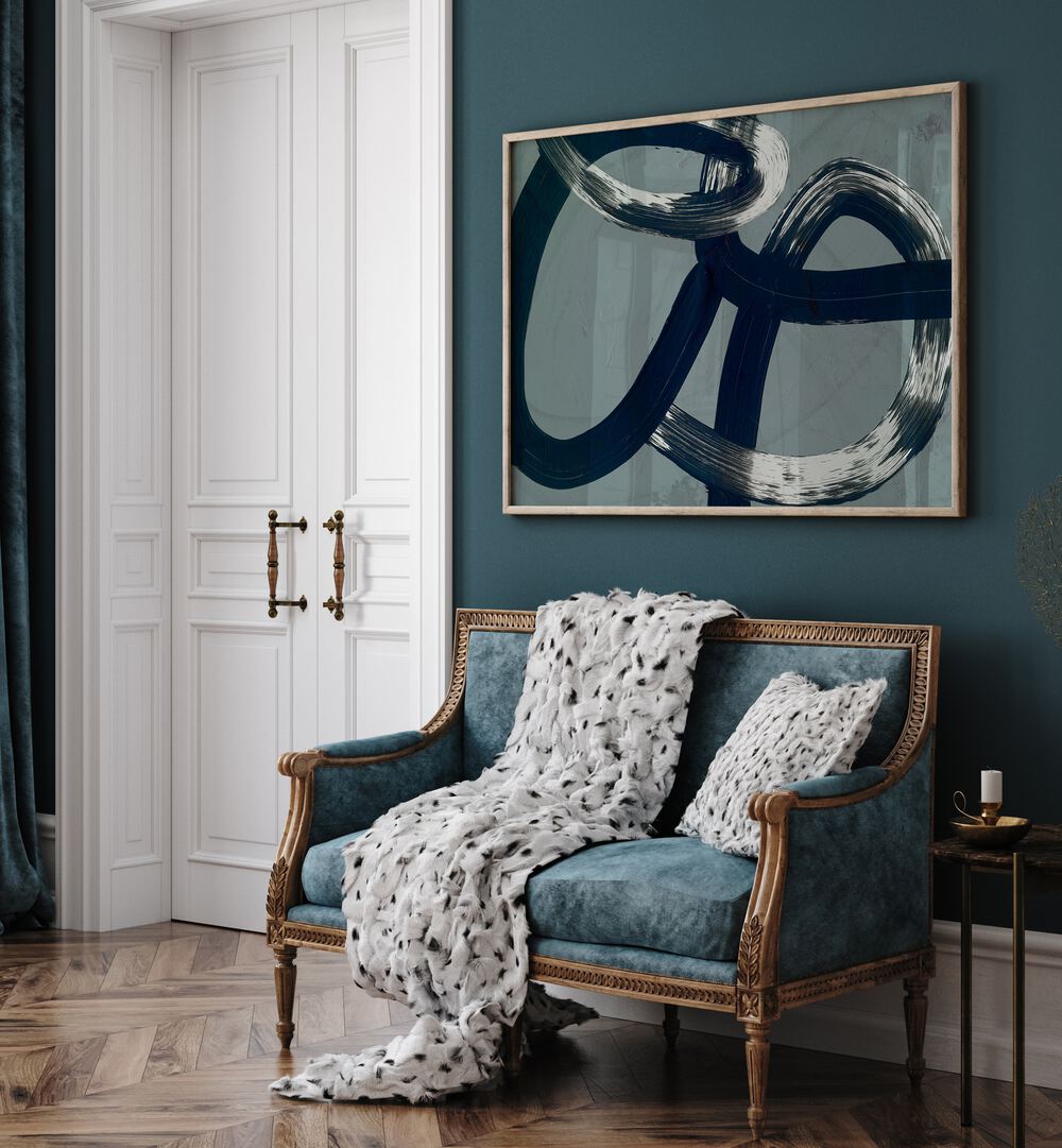 Stylish living room featuring UNDER OVER, ABSTRACT PAINTINGS on the wall, enhancing modern decor and functionality.