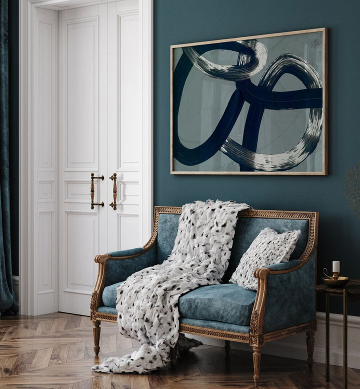 Stylish living room featuring UNDER OVER, ABSTRACT PAINTINGS on the wall, enhancing modern decor and functionality.