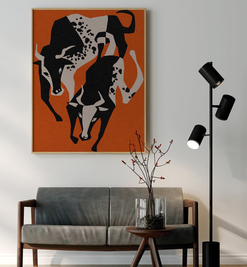 Vibrant TANGERINE BULLS, ANIMAL PAINTINGS showcasing dynamic bulls against a rich orange backdrop. Perfect for your decor.