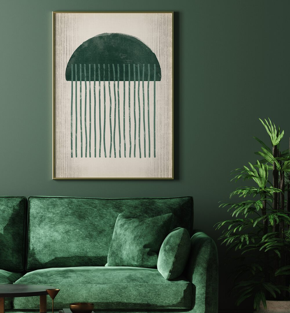 Emerald Suspicious Jellyfish geometric art prints add modern elegance to your space with captivating underwater allure.