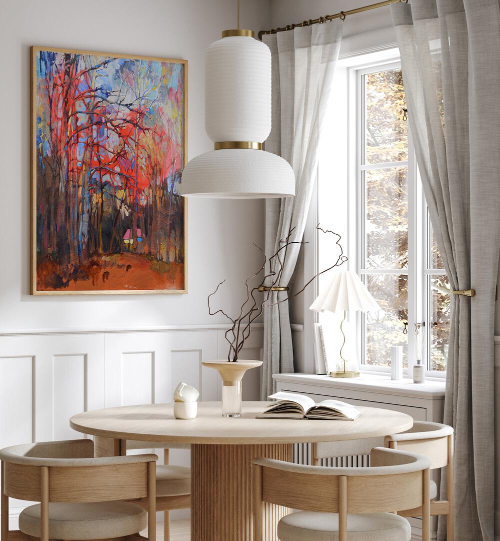 Bright and vibrant SPRING, LANDSCAPE PAINTINGS enhance a stylish dining area with artistic flair and color.