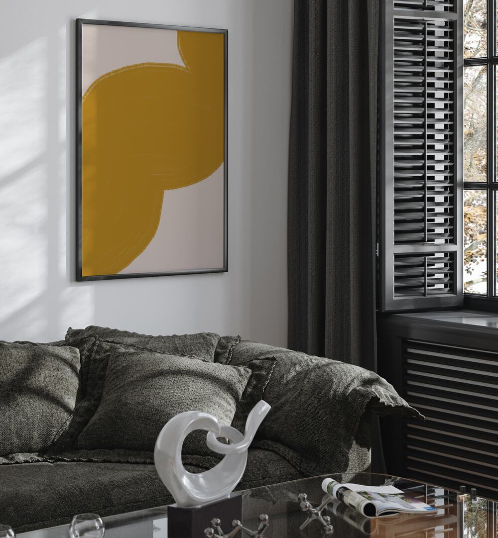 Stylish MUSTARD SHAPE ORGANIC, ABSTRACT PAINTINGS enhance modern interiors with vibrant color and artistic expression.