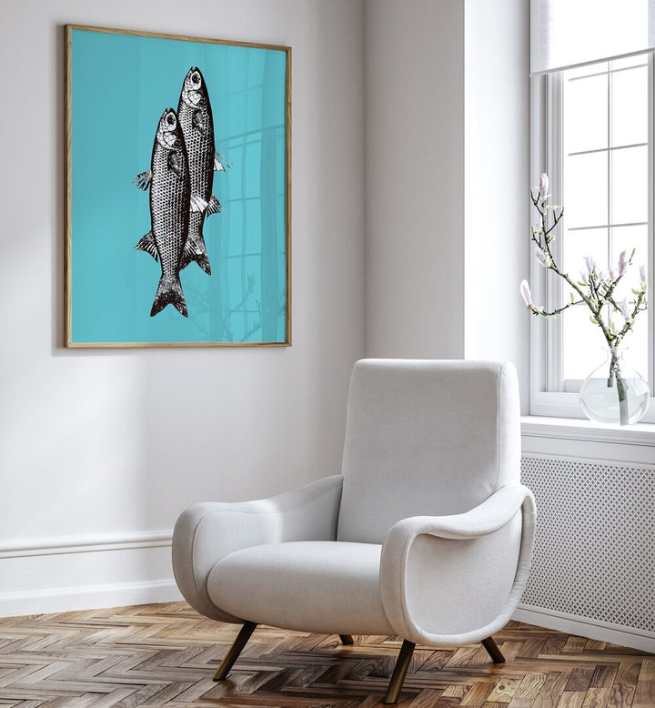 Stylish TWO FISHES, KITCHEN POSTERS add a vibrant touch to modern kitchen decor in a chic living space.