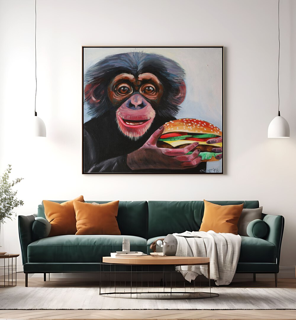 Colorful MONKEY HOLDING A HAMBURGER, COMIC POSTERS adds whimsy to your comic decor, perfect for playful spaces.
