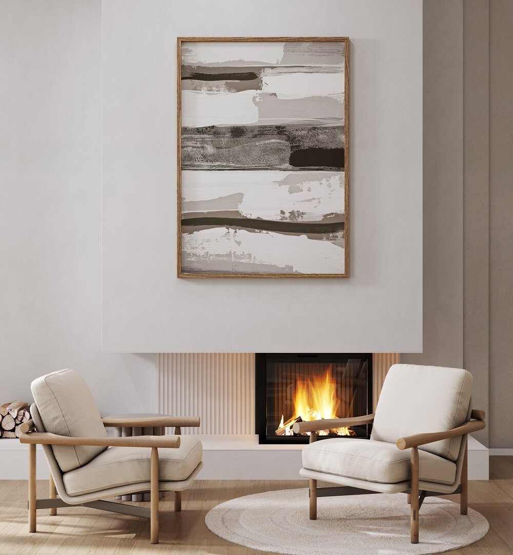 Stylish living room featuring NEUTRAL LAYERS OF PAINT, ABSTRACT PAINTINGS above a cozy fireplace, enhancing the ambiance.