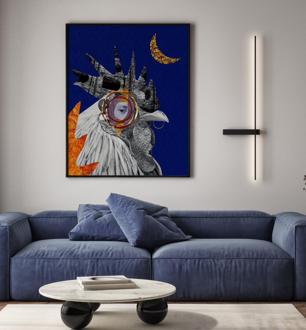 Vibrant ROOSTER, SURREAL ART PRINTS adding a unique touch to modern interiors, perfect for art lovers and kitchens.