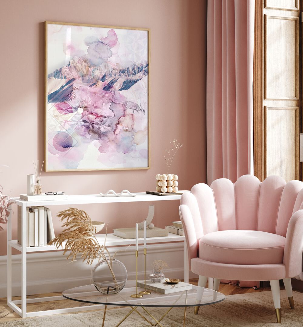 DUSK I, ABSTRACT PAINTINGS in a stylish living room, enhancing the serene, modern decor with soft colors.
