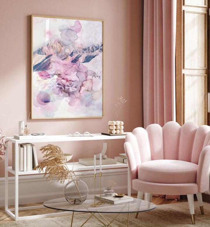 DUSK I, ABSTRACT PAINTINGS in a stylish living room, enhancing the serene, modern decor with soft colors.