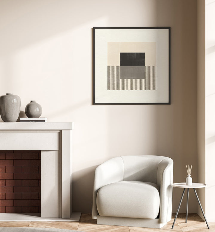 Stylish living room featuring PAPER OBJECT II, GEOMETRIC ART PRINTS, enhancing modern decor with geometric elegance.