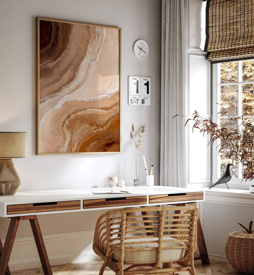 Elegant workspace featuring the SANDSTONE IN BROWN HUES, ABSTRACT PAINTINGS, enhancing natural home décor with rich tones.