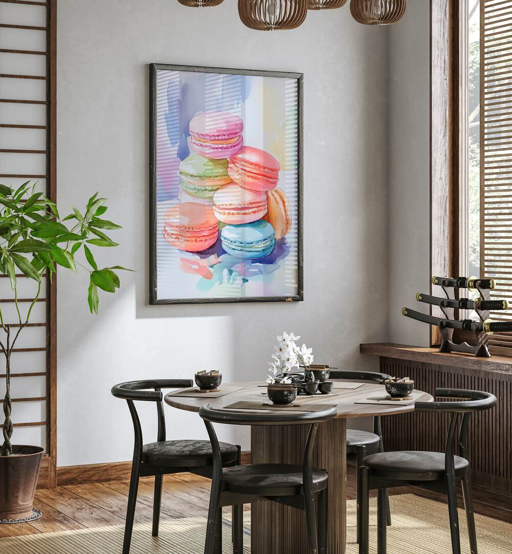 Vibrant COLORFUL MACARON, BAR & CAFE ART displayed in a cozy setting, perfect for dessert lovers.