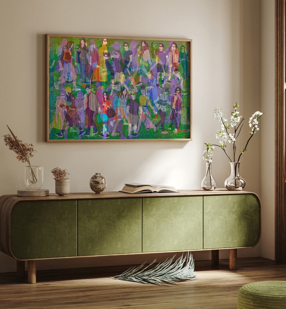 Colorful CITIZEN II, FASHION POSTERS artwork displayed above a stylish green console in a modern living room setting.