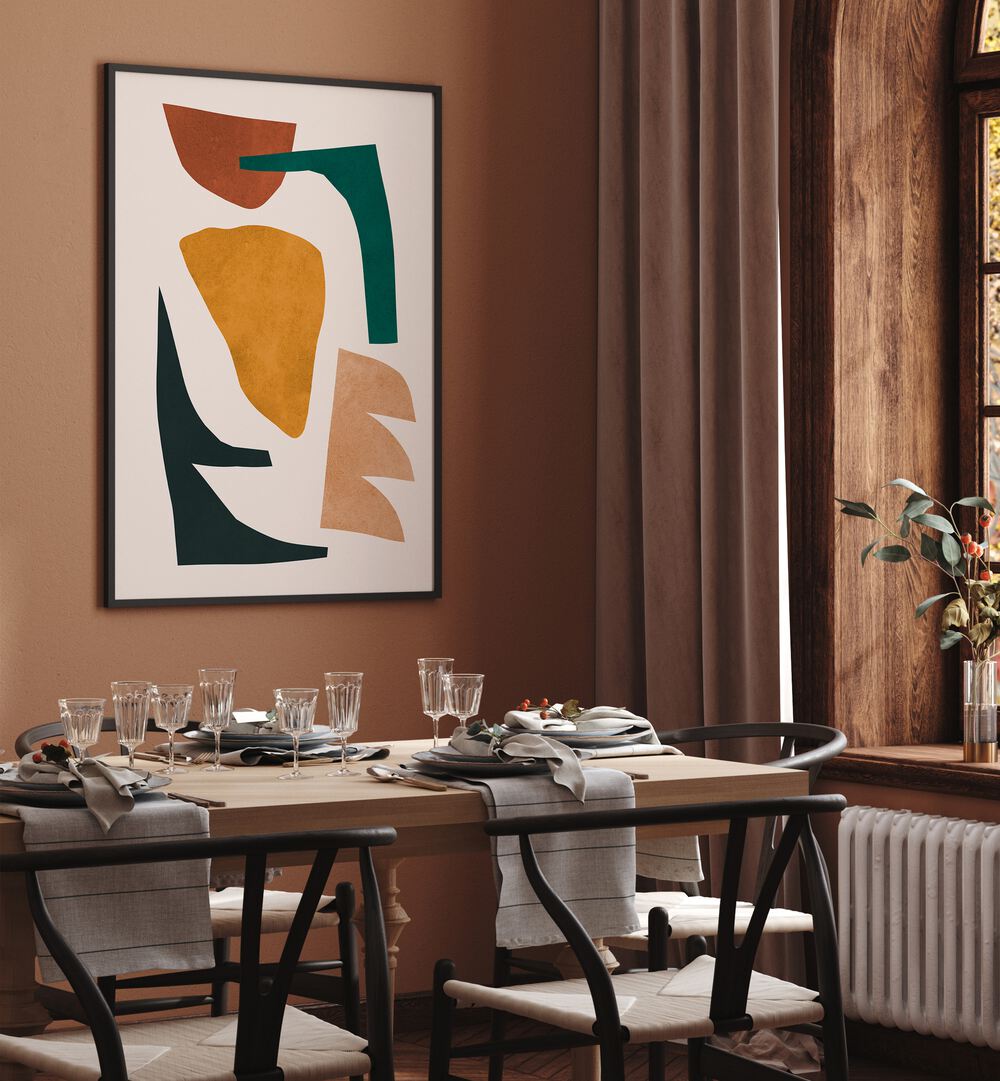 Stylish dining area featuring EXPRESSIVE VI, GEOMETRIC ART PRINTS that enhance creative spaces with modern design.