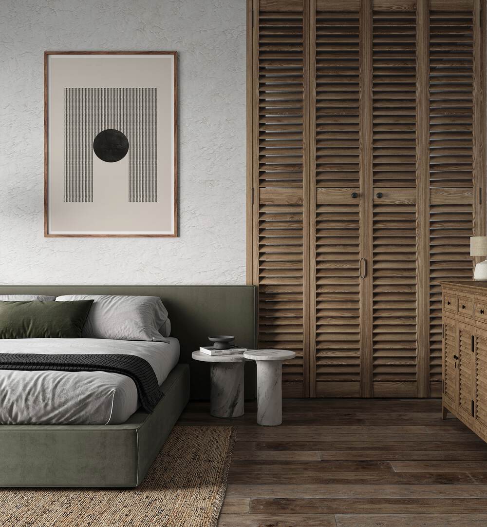 Stylish bedroom featuring BLACK GEOMETRIC SHAPES, GEOMETRIC ART PRINTS from Miuus Studio for modern decor.