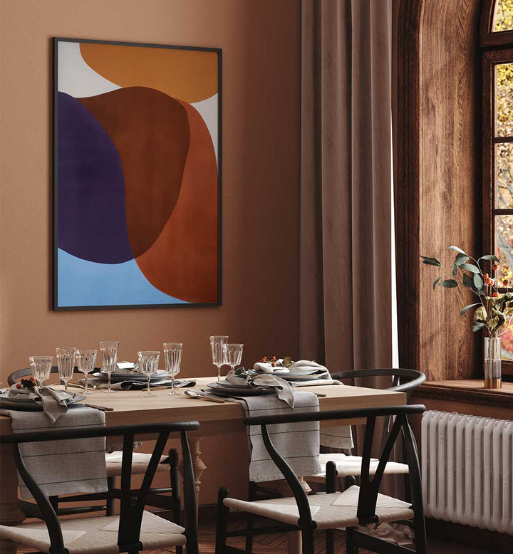 FREE FORM , ABSTRACT PAINTINGS with bold shapes and earthy tones adorn a modern dining room by Artistry Decor.